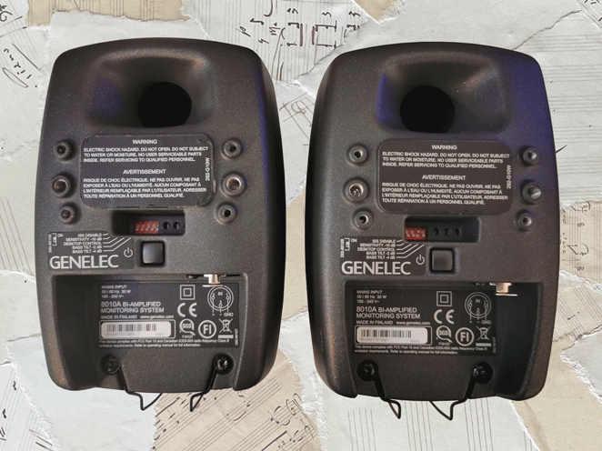 The backs of the Genelec 8010A Monitors