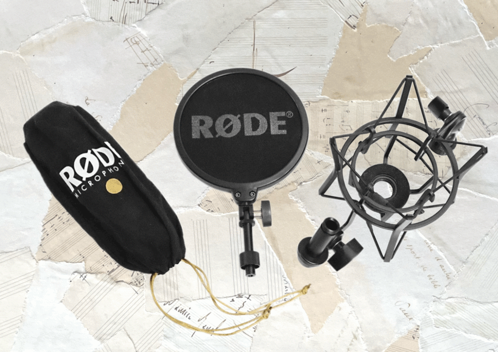 The Rode NT1-A with bag, shock mount and pop shield