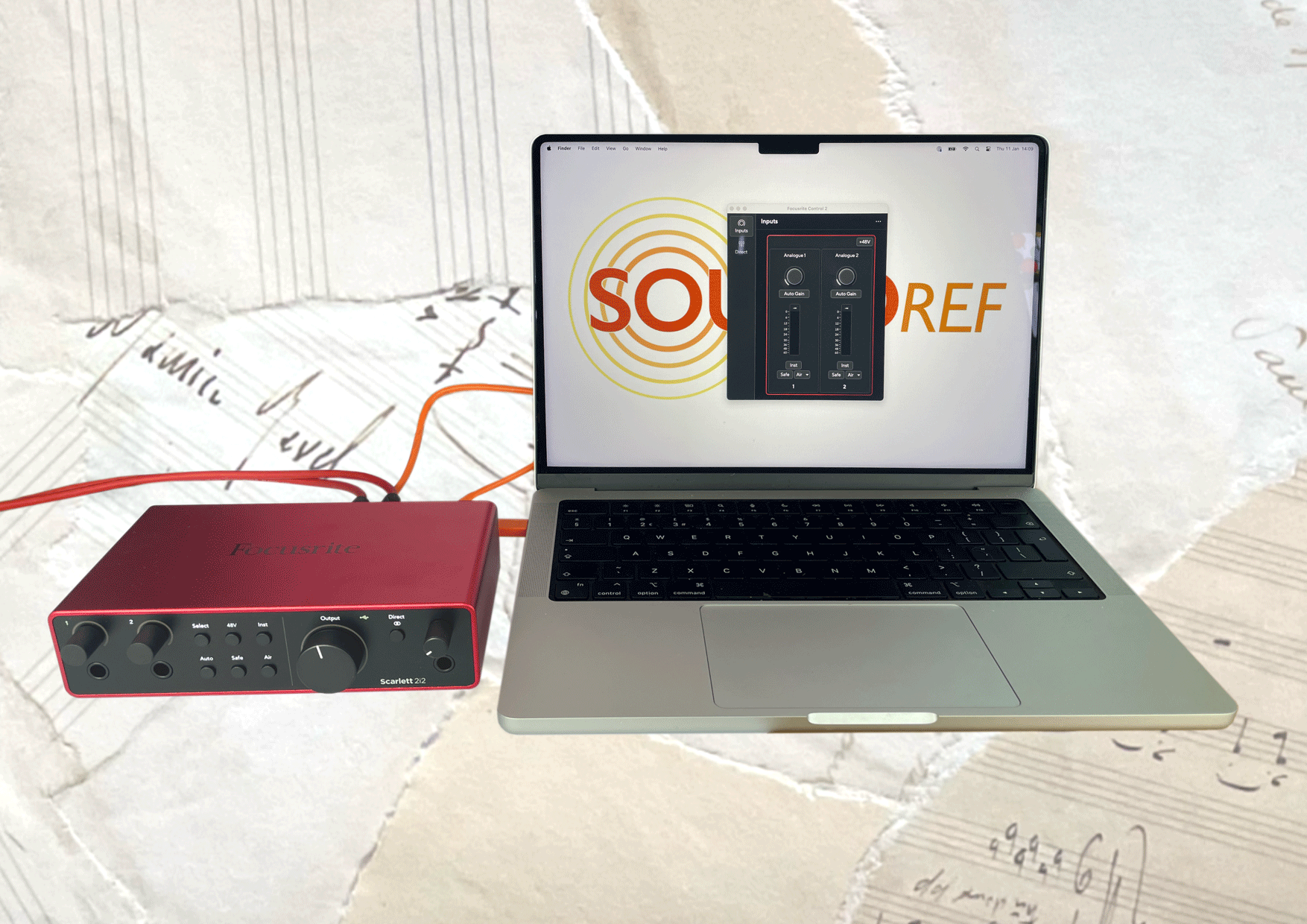 Focusrite 2i2 4th gen, connected to a Macbook Pro M3