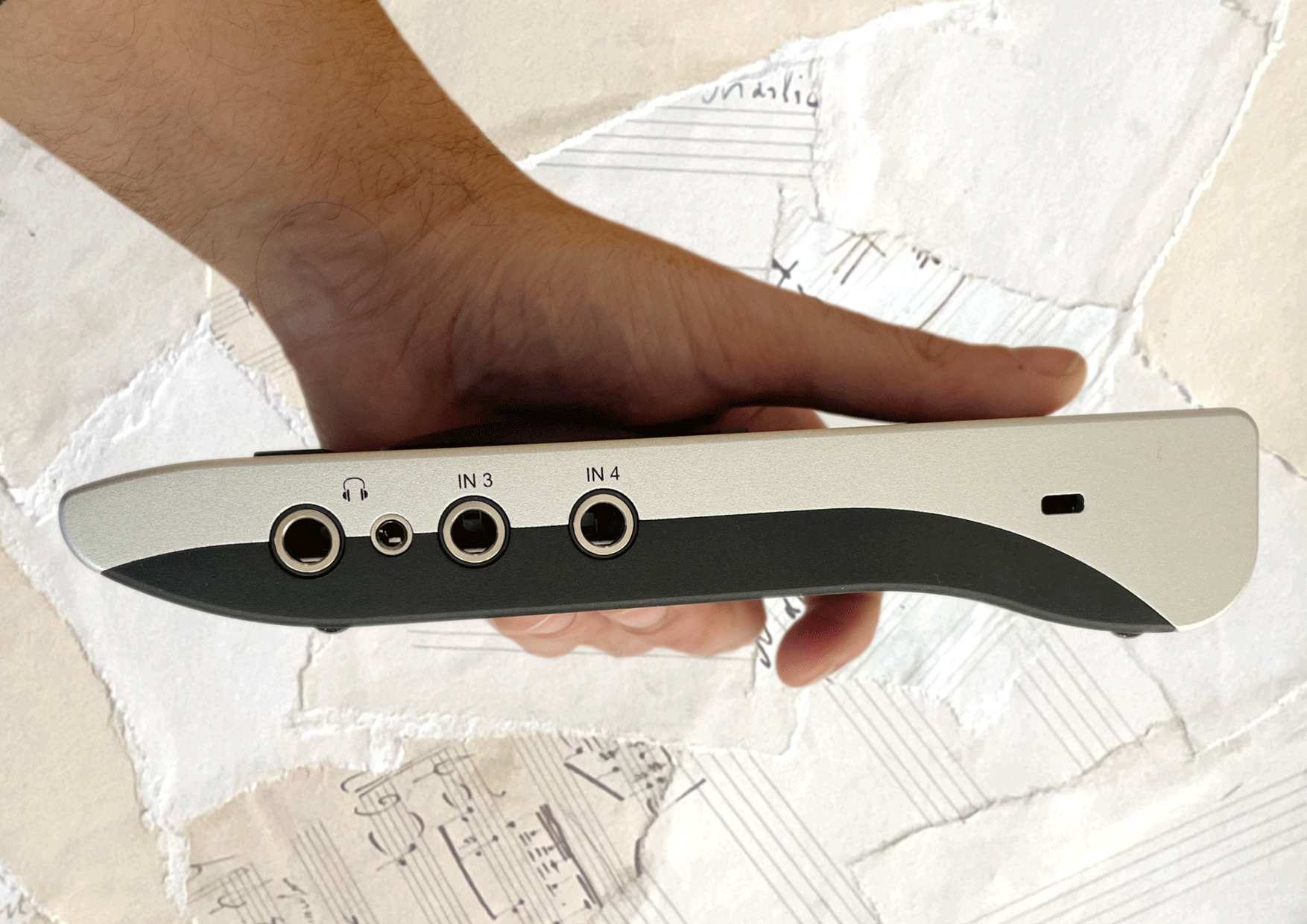 Right side panel of the RME Babyface Pro FS, with2 x headphone sockets and unbalanced line inputs
