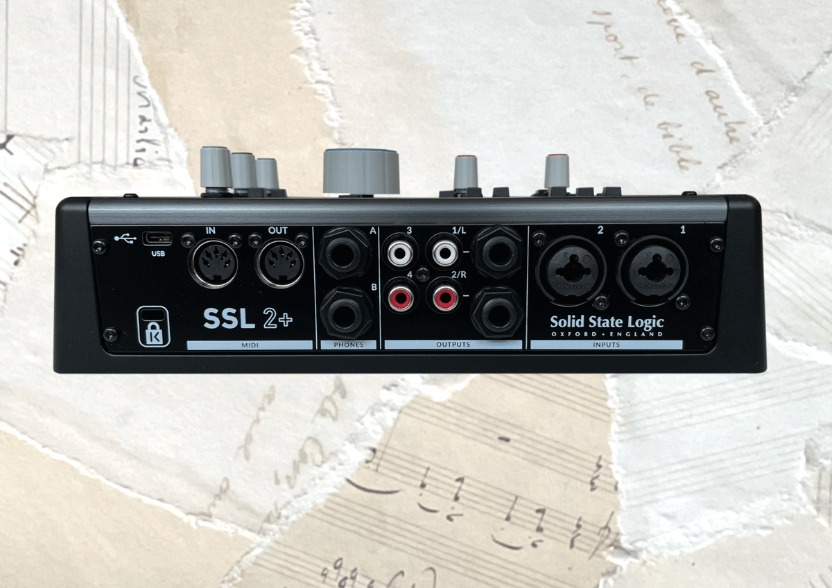 Back panel of the SSL2+, with midi sockets, RCA sockets, combo ins, and 1/4" outs